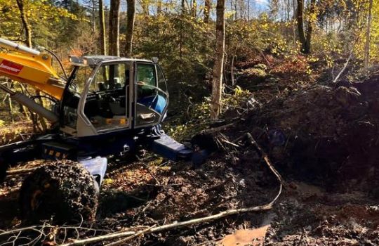 Arbeiten mit dem Schreitbagger an schwer zugänglicher Stelle im Wald